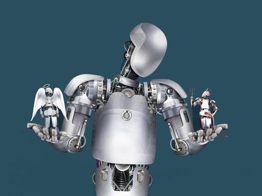 Eine Illustration zeigt einen Roboter der auf seinen Händen widerum jeweils einen Roboter in der Anmutung eines Engels und eines Teufels hält und sich entscheiden muss.