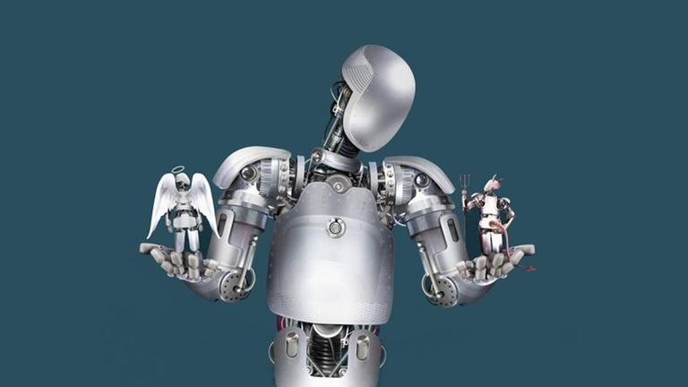Eine Illustration zeigt einen Roboter der auf seinen Händen widerum jeweils einen Roboter in der Anmutung eines Engels und eines Teufels hält und sich entscheiden muss. Eine Illustration zeigt einen Roboter der auf seinen Händen widerum jeweils einen Roboter in der Anmutung eines Engels und eines Teufels hält und sich entscheiden muss.
