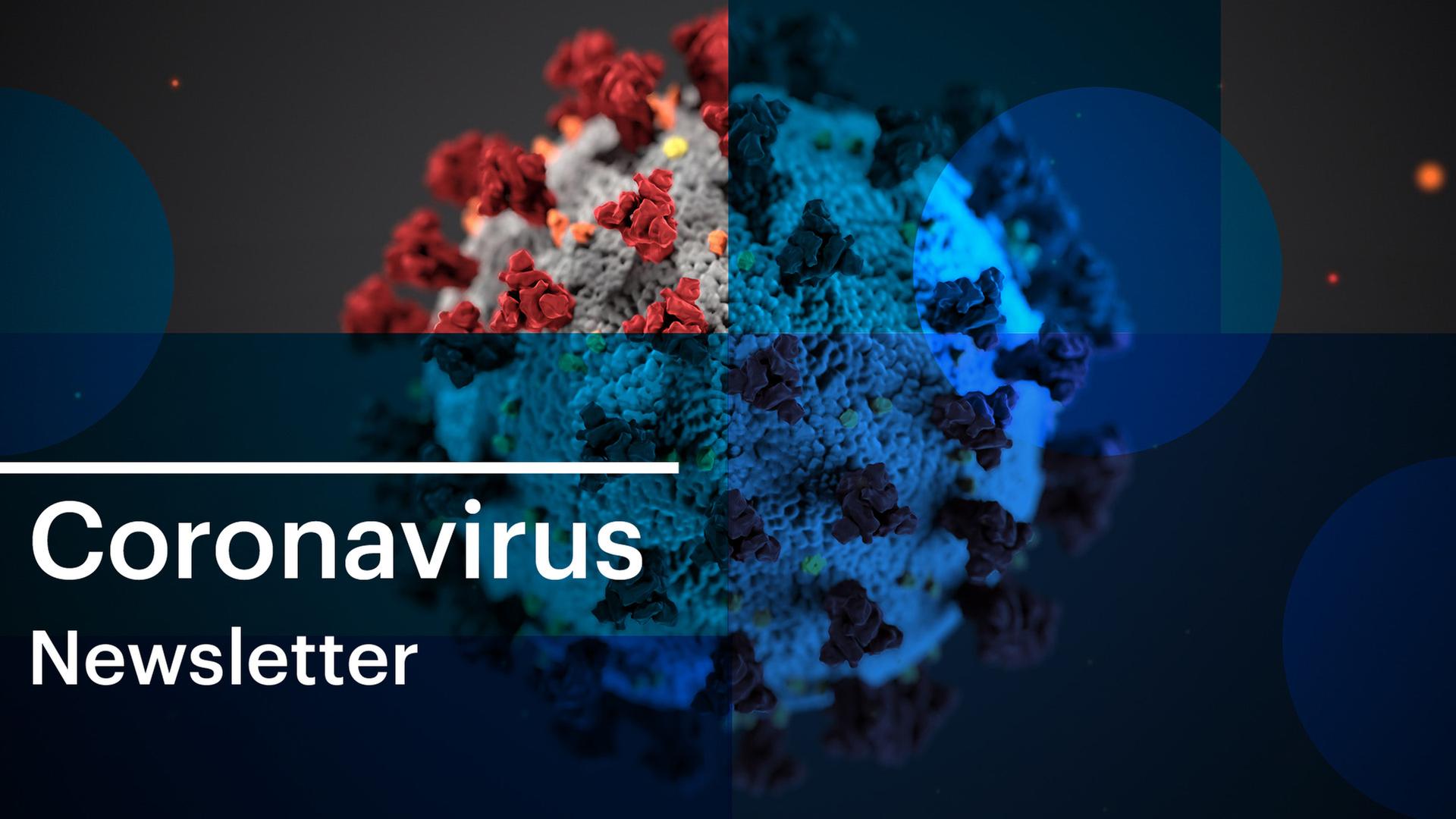 Das Bild zeigt eine Darstellung des Coronavirus. Auf dem Bild sind neben dem Virus halbdurchsichte Quadrate und Kreise in unterschiedlichen Blautönen zu erkennen. Das Bild zeigt eine Darstellung des Coronavirus. Auf dem Bild sind neben dem Virus halbdurchsichte Quadrate und Kreise in unterschiedlichen Blautönen zu erkennen.