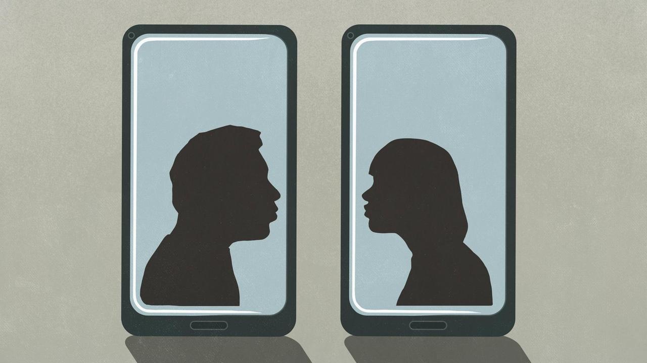 Die Silhouetten eines Mannes und einer Frau auf zwei separaten Handybil...</p>

                        <a href=