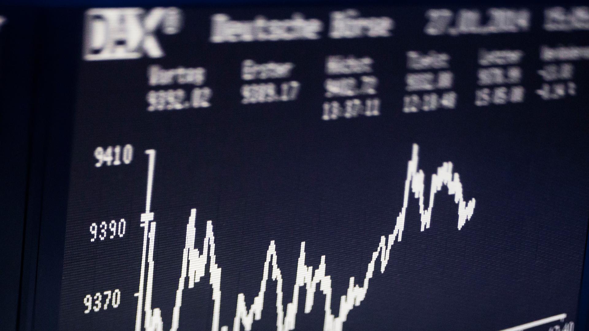 Ansicht der DAX-Kurve auf der Anzeigetafel der Börse Ansicht der DAX-Kurve auf der Anzeigetafel der Börse