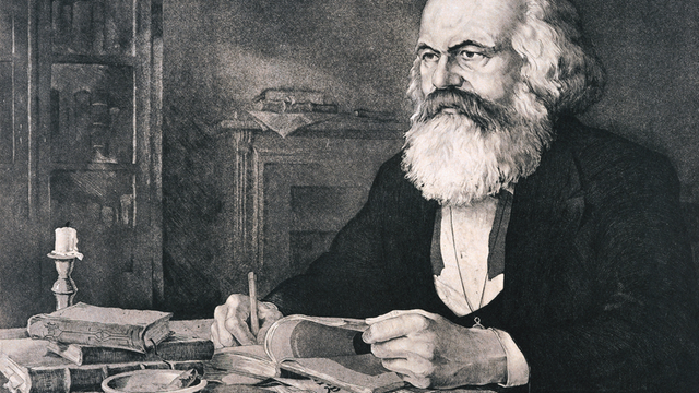 Der deutsche Philosoph, Schriftsteller und Politiker Karl Marx in einer Aquatinta-Radierung von Werner Ruhner "Karl Marx in seinem Arbeitszimmer in London".