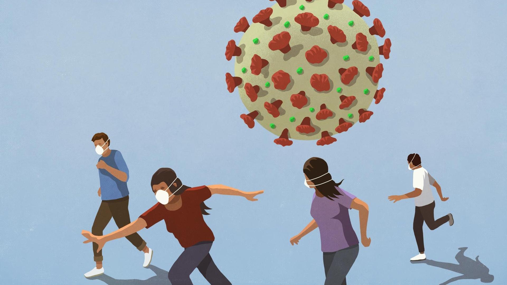 Illustration: Menschen mit Gesichtsmasken laufen vor einem riesigen Virus davon. Illustration: Menschen mit Gesichtsmasken laufen vor einem riesigen Virus davon.