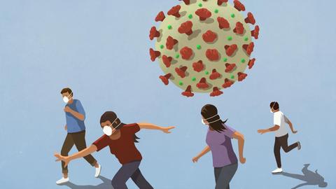 Illustration: Menschen mit Gesichtsmasken laufen vor einem riesigen Virus davon.