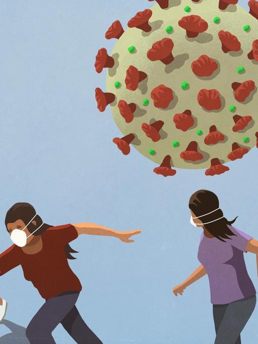 Illustration: Menschen mit Gesichtsmasken laufen vor einem riesigen Virus davon.