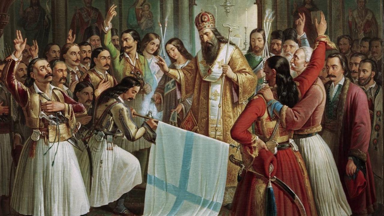 Griechischer Unabhängigkeitskrieg 1821 bis 1829: Bischof Germanos von Patras weihtt am 25. März 1821 die Fahne des Freiheitskampfes,.1865, in Öl gemalt von Theodoros Vryzakis (Ausschnitt) Griechischer Unabhängigkeitskrieg 1821 bis 1829: Bischof Germanos von Patras weihtt am 25. März 1821 die Fahne des Freiheitskampfes,.1865, in Öl gemalt von Theodoros Vryzakis (Ausschnitt)