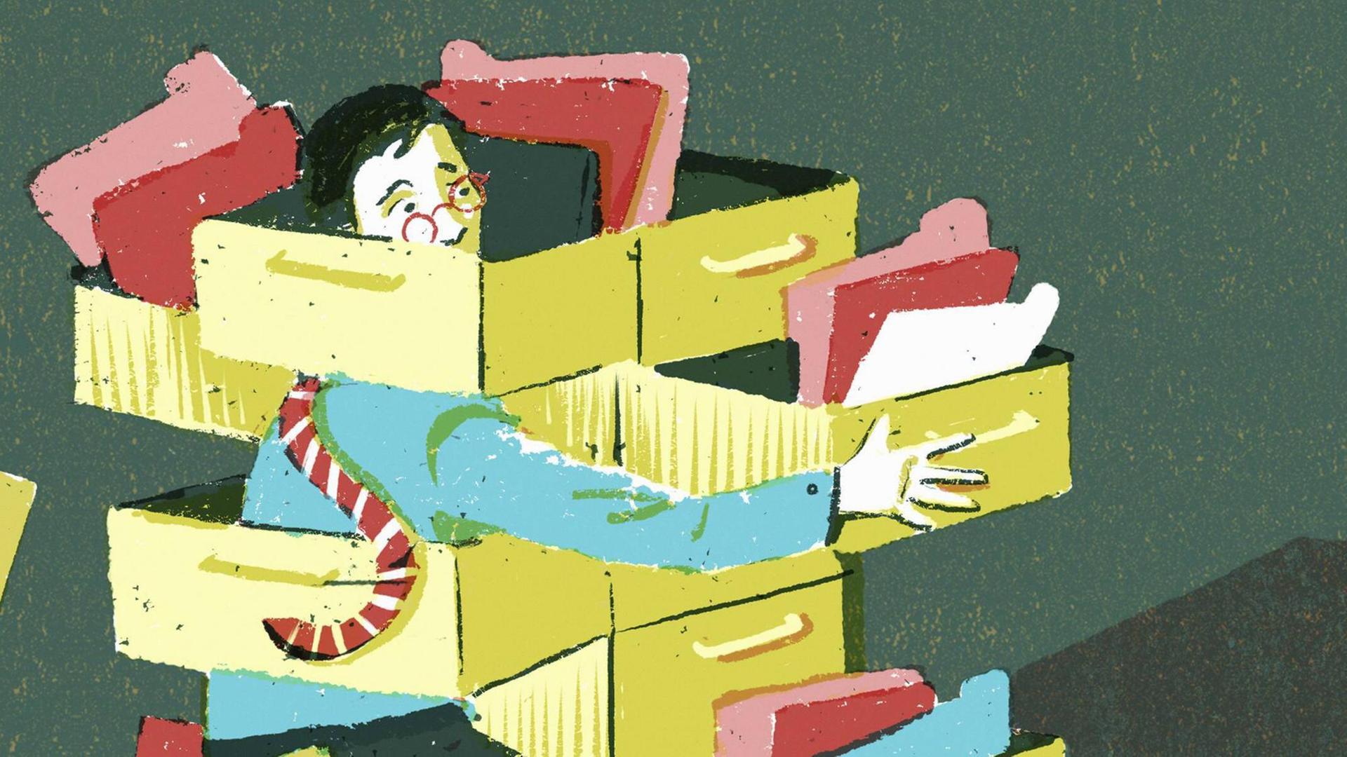 Illustration eines überforderten Büroangestellten, der aus dem Labyrinth seines Aktenschrankes kaum herausfindet. Illustration eines überforderten Büroangestellten, der aus dem Labyrinth seines Aktenschrankes kaum herausfindet.