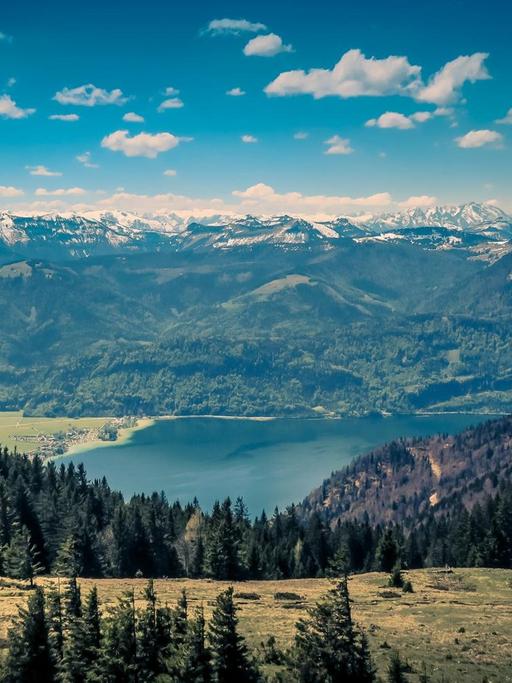 Der Blick fällt auf einen See, dessen blaue Tiefen von einer Bergkette umgeben sind.