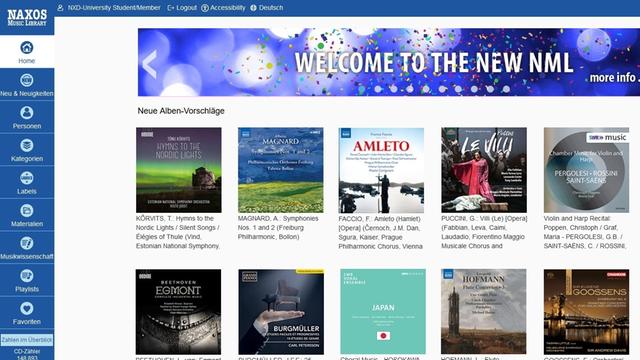 Eine Website mit mehreren Covers von CDs. Oben steht: "Welcome to the new NML"