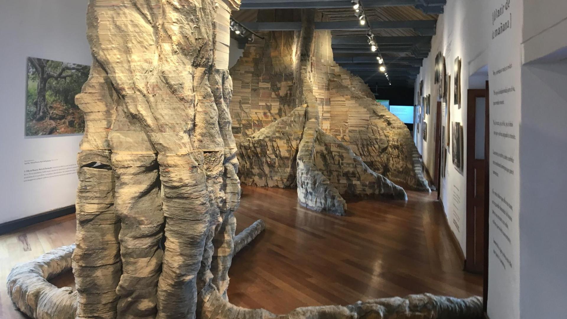 Aus alten Zeitungen gebaute Bäume stehen in einem Ausstellungssaal, an den Wänden hängen Fotos von Opfern der bewaffneten Konflikte in Kolumbien. Aus alten Zeitungen gebaute Bäume stehen in einem Ausstellungssaal, an den Wänden hängen Fotos von Opfern der bewaffneten Konflikte in Kolumbien.