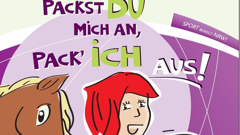 Ein Mädchen mit roten Haaren zeigt mit dem Finger auf den Betrachter, neben ihr ein Pferdekopf und der Hinweis: „Hier bekommst Du Rat und Hilfe“. Ein Mädchen mit roten Haaren zeigt mit dem Finger auf den Betrachter, neben ihr ein Pferdekopf und der Hinweis: „Hier bekommst Du Rat und Hilfe“.