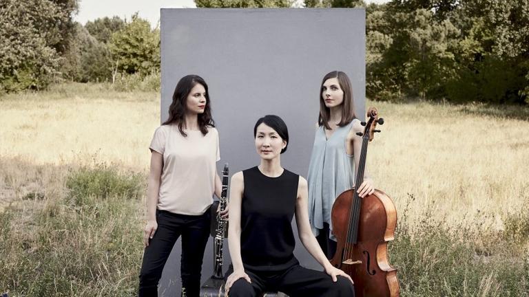 Drei Musikerinnen stehen vor einer grauen Leinwand, die auf einer Wiese aufgestellt wird, wobei die jungen Frauen eine Klarinette und ein Violoncello halten.