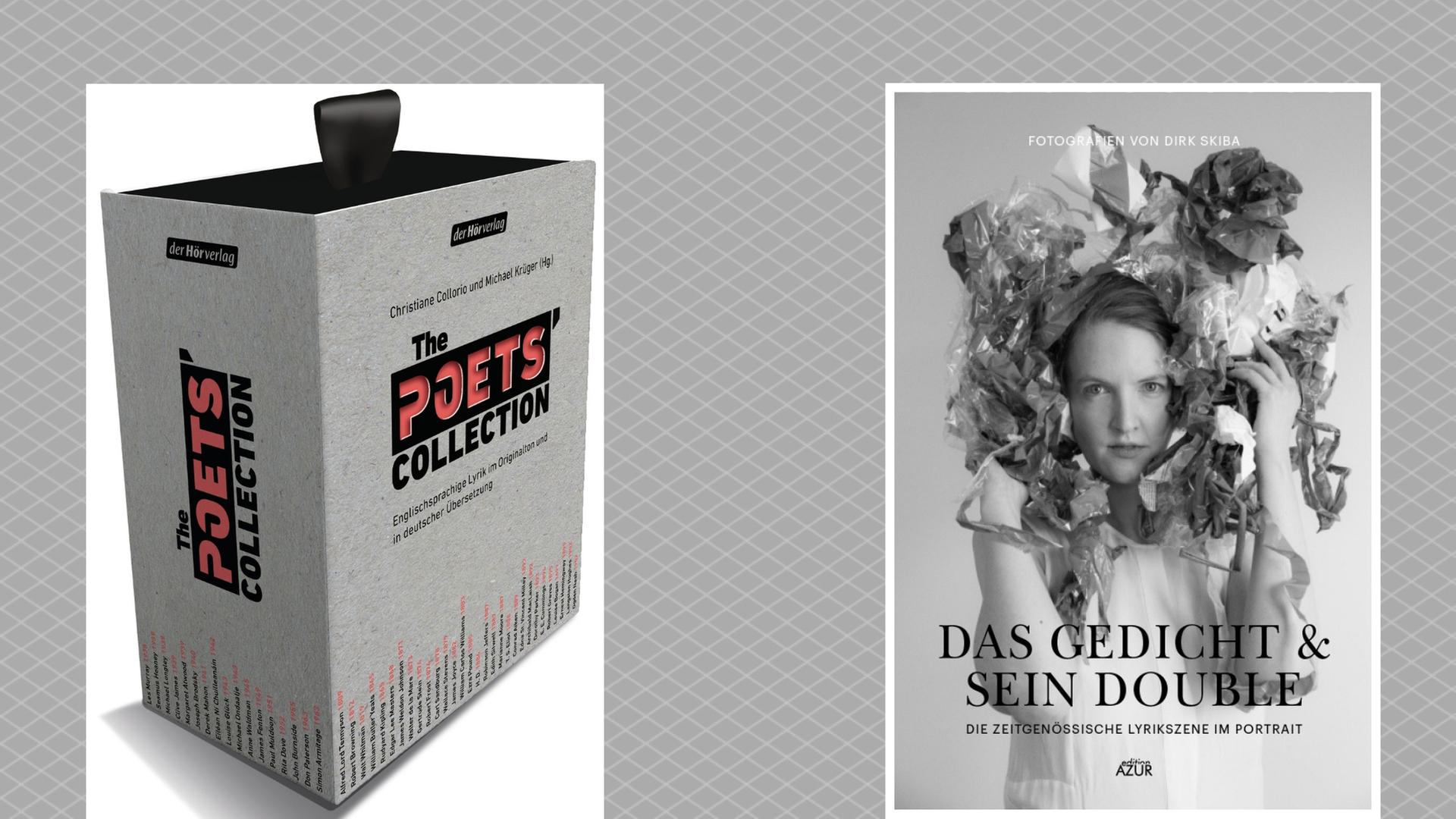 links: "The Poets’ Collection" - Englischsprachige Lyrik im Originalton und in deutscher Übersetzung und rechts: "Das Gedicht und sein Double" - Mit 100 Schwarz-Weiß-Portraitfotos von Dirk Skiba