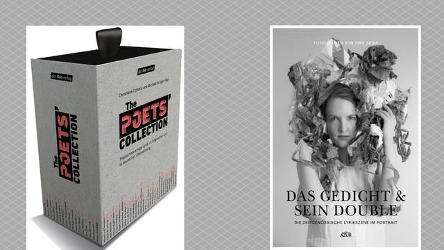 links: "The Poets’ Collection" - Englischsprachige Lyrik im Originalton und in deutscher Übersetzung und rechts: "Das Gedicht und sein Double" - Mit 100 Schwarz-Weiß-Portraitfotos von Dirk Skiba