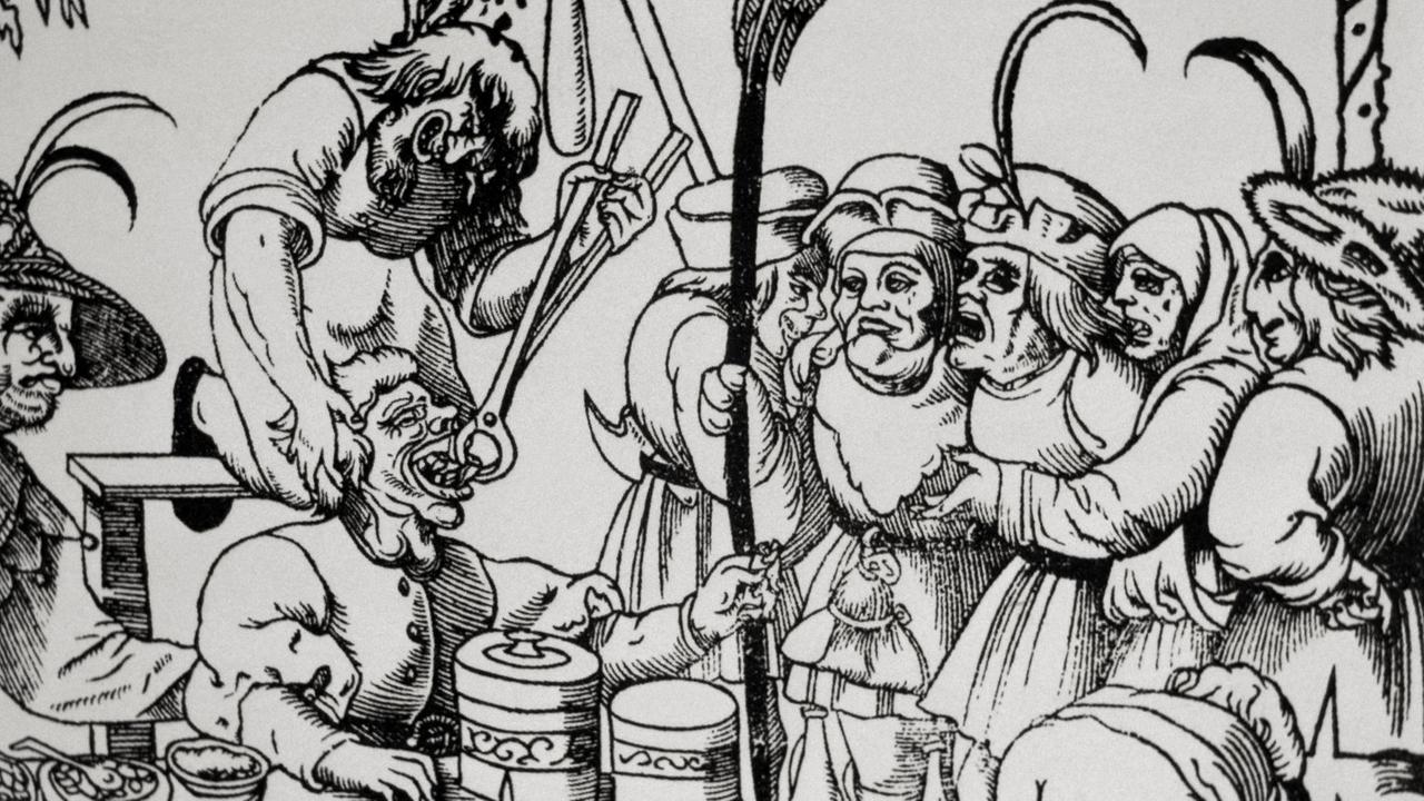 Satirische Darstellung eines allgemeinen Arztes im Mittelalter. Satirische Darstellung eines allgemeinen Arztes im Mittelalter.