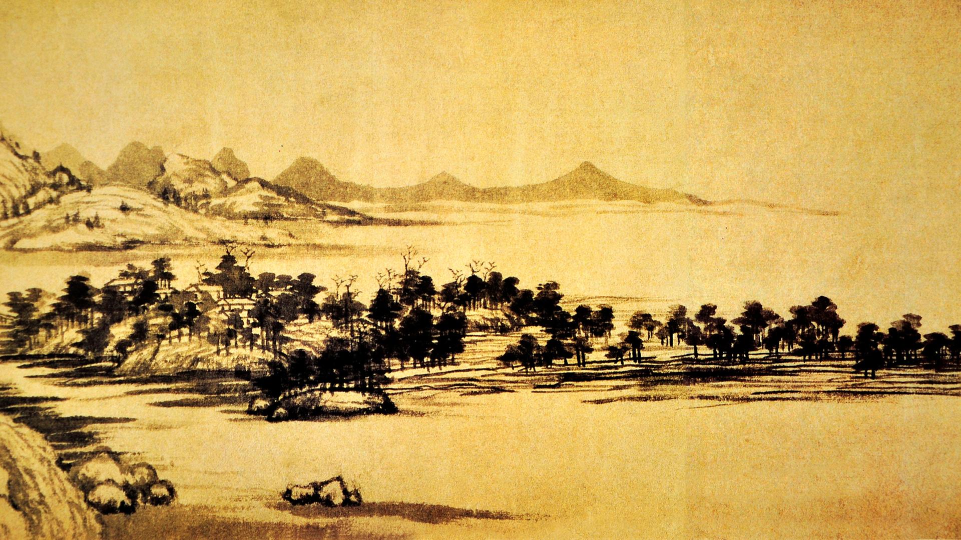 Gemälde einer Siedlung in den Fuchun Bergen des chinesischen Künstlers aus der Yuan Dynastie, Huang Gongwang Gemälde einer Siedlung in den Fuchun Bergen des chinesischen Künstlers aus der Yuan Dynastie, Huang Gongwang