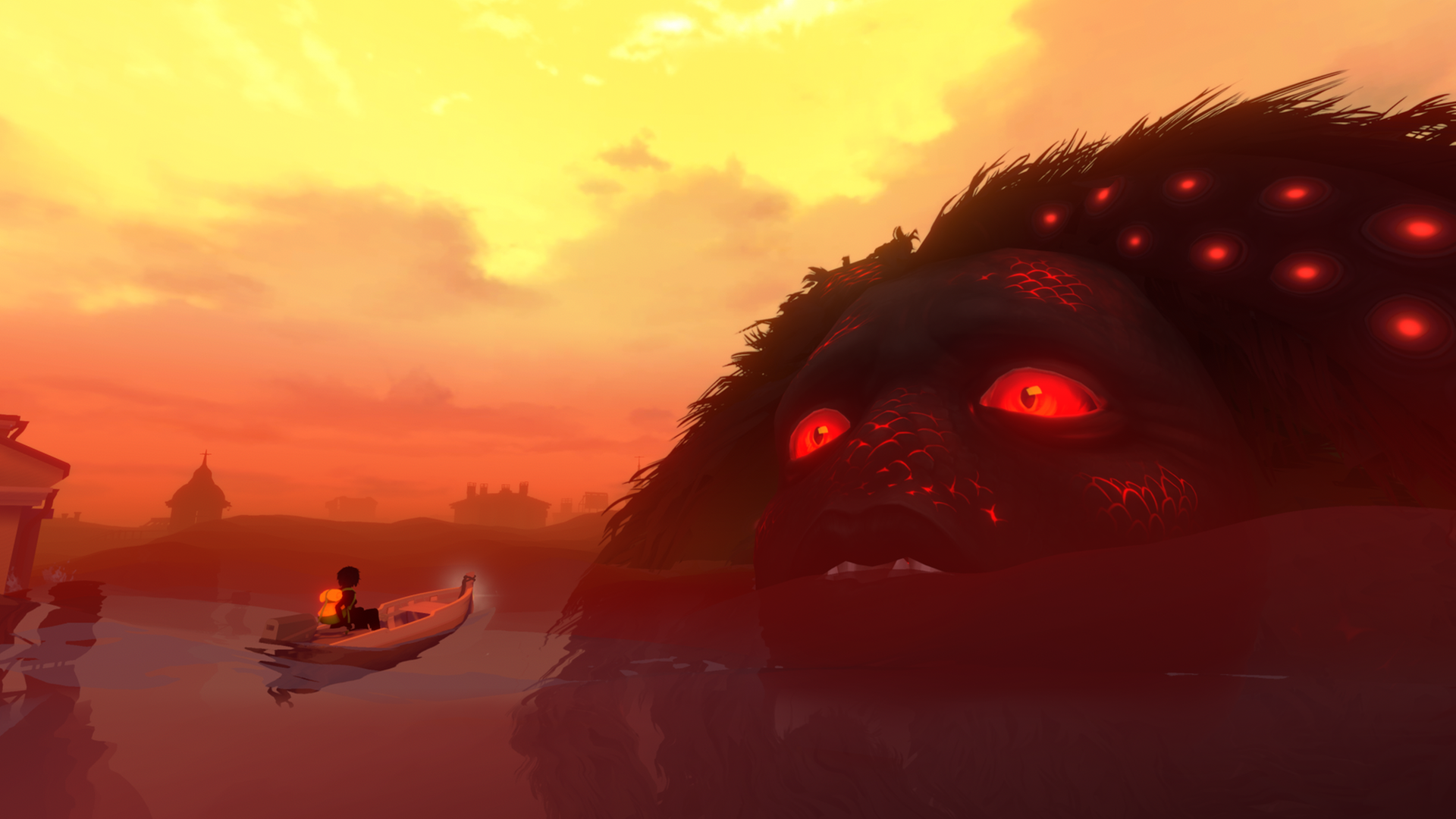 Ein Screenshot aus dem Videospiel "Sea of Solitude" zeigt einen Dämon und eine kleine Person in einem Holzboot vor dramatischem Himmel. Ein Screenshot aus dem Videospiel "Sea of Solitude" zeigt einen Dämon und eine kleine Person in einem Holzboot vor dramatischem Himmel.