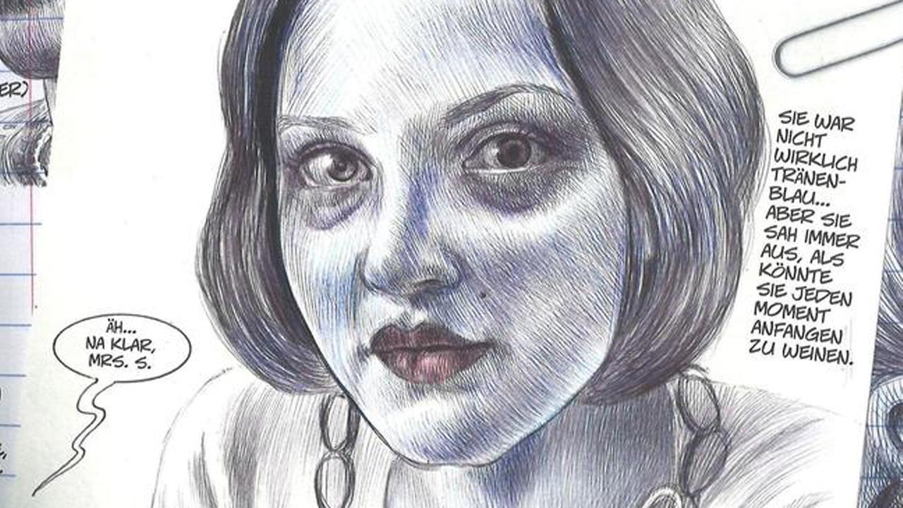 Das gezeichnete Bild einer Frau mit bläulich anmutender Haut. Das gezeichnete Bild einer Frau mit bläulich anmutender Haut.