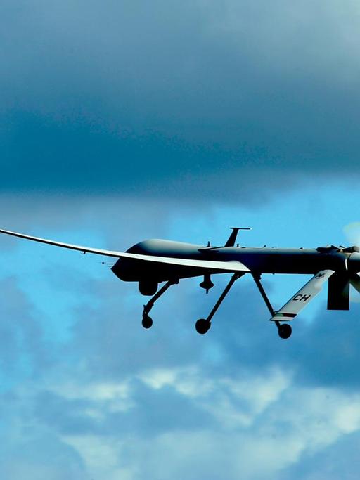 Eine Drohne vom Typ RQ-1 Predator, von der Creech-Luftwaffenbasis im Bundesstaat Nevada, startet vor blau-grauem Himmel vom Flughafen Rafael Hernandez, bei Aguadilla, Puerto Rico, am 28.01.2010. (U.S. Air Force photo by Tech. Sgt. James Harper)