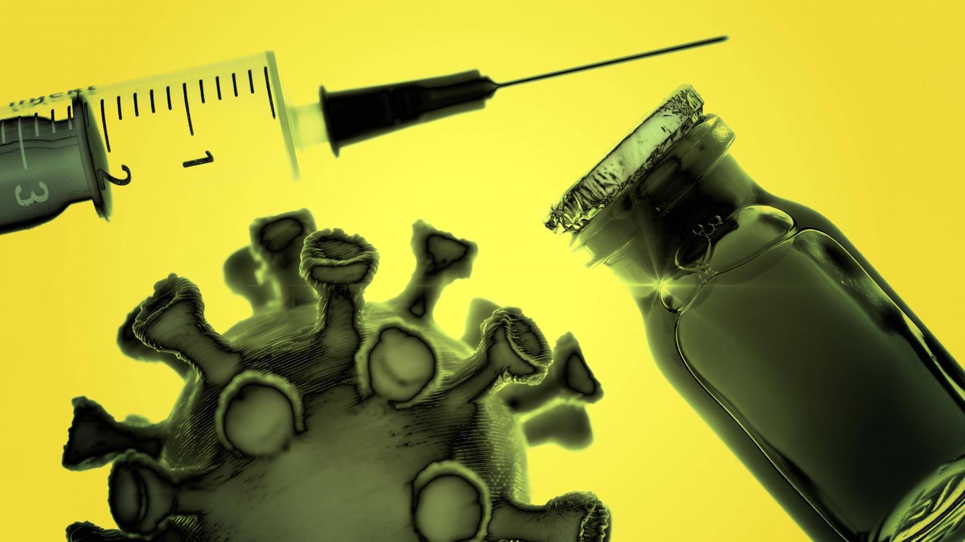 Spritze, ein Fläschchen mit Impfstoff und ein Coronavirus-Modell sind vor gelbem Hintergrund zu sehen. Spritze, ein Fläschchen mit Impfstoff und ein Coronavirus-Modell sind vor gelbem Hintergrund zu sehen.