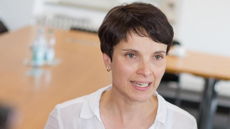 Frauke Petry spricht in Mikrofone Frauke Petry spricht in Mikrofone