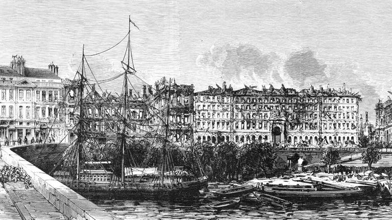 Schwarzweiß Darstellung vom Brand des Palais d Orsay im Jahr 1871 Schwarzweiß Darstellung vom Brand des Palais d Orsay im Jahr 1871