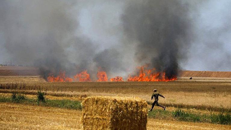 Die von der Israelischen Feuer- und Rettungsbehörde zur Verfügung gestellte Aufnahme zeigt einen Mann, der vor einem brennenden Getreidefeld entlangläuft. Im Hintergrund brennt ein Feuer, das von brennenden Drachen aus dem Gazastreifen ausgelöst wurden. Die von der Israelischen Feuer- und Rettungsbehörde zur Verfügung gestellte Aufnahme zeigt einen Mann, der vor einem brennenden Getreidefeld entlangläuft. Im Hintergrund brennt ein Feuer, das von brennenden Drachen aus dem Gazastreifen ausgelöst wurden.