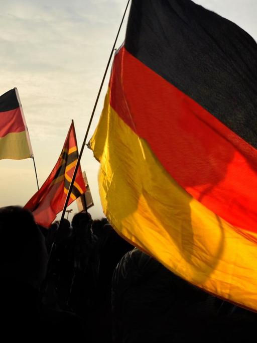 Deutschlandflaggen auf einer Demonstration neben Flaggen der rechten Reichsbürgerbewegung.