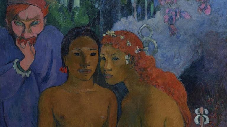 Gemälde portraitiert drei Personen: ein polynesisches nacktes Mädchen, eine weitere barbusige junge Frau und links Gauguins verstorbenen Malerfreund Meiyer de Haan. Er ist der Europäer mit teuflischen Krallen, wirkt aber in der knienden Pose fast schuldbewusst. Gemälde portraitiert drei Personen: ein polynesisches nacktes Mädchen, eine weitere barbusige junge Frau und links Gauguins verstorbenen Malerfreund Meiyer de Haan. Er ist der Europäer mit teuflischen Krallen, wirkt aber in der knienden Pose fast schuldbewusst.