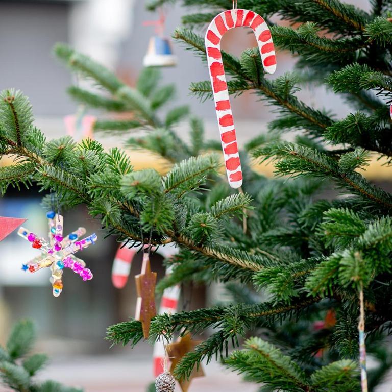 Weihnachtliche Dekoration mit Sternen hängt an einem Tannenbaum 