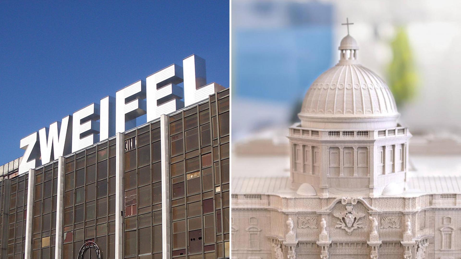 Links der "Zweifel" Schriftzug. Rechts ein Modell des Berliner Stadtschloss. Links der "Zweifel" Schriftzug. Rechts ein Modell des Berliner Stadtschloss.