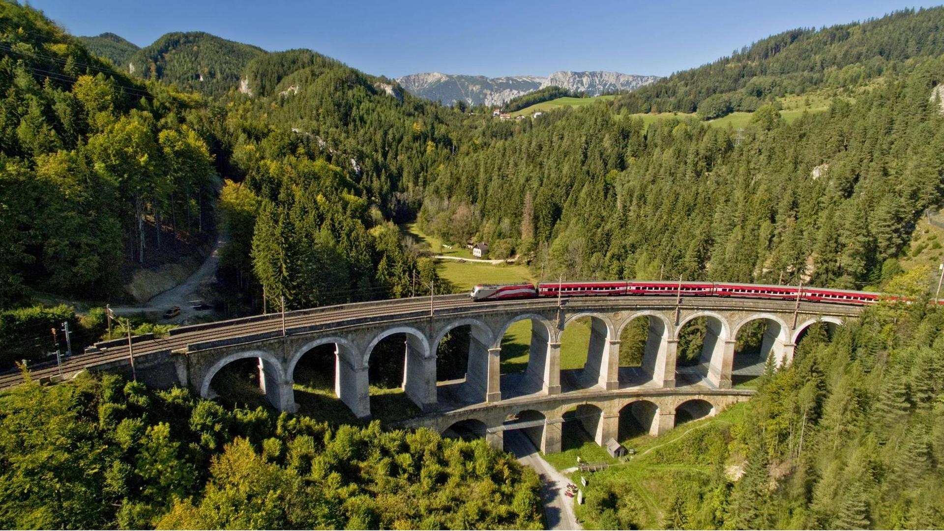 Zwischen Wäldern und Bergen fährt auf einem Viadukt ein Zug