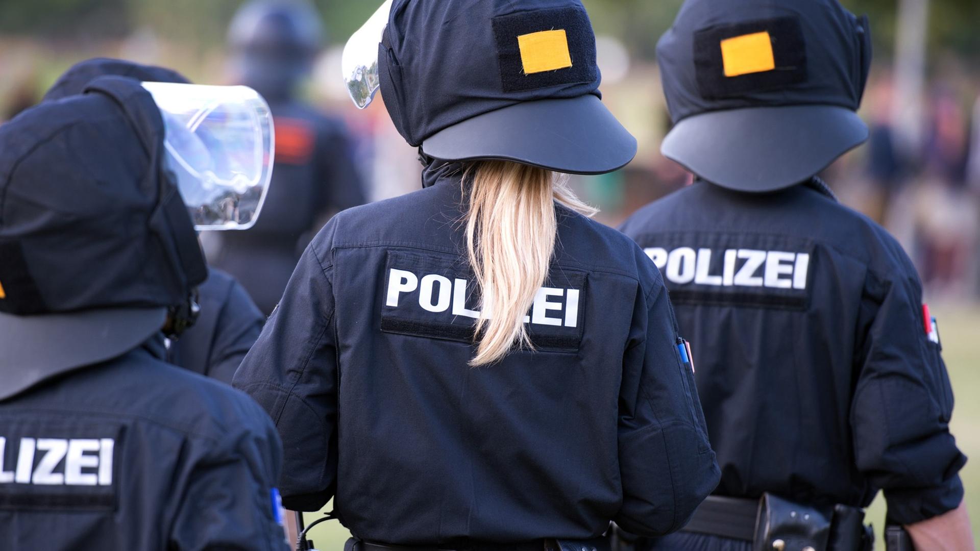 Polizisten von hinten. Sie tragen Helme. Polizisten von hinten. Sie tragen Helme.