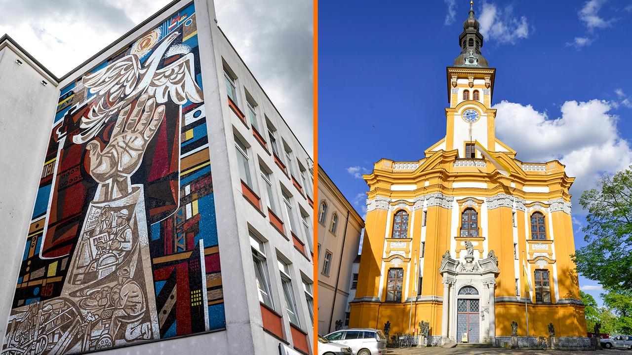 Collage aus zwei Bildern: Ein Wandbild von Walter Womacka auf der Giebelseite des heutigen Linden Zentrums Eisenhüttenstadts und die Klosterkirche Stift Neuzelle. Collage aus zwei Bildern: Ein Wandbild von Walter Womacka auf der Giebelseite des heutigen Linden Zentrums Eisenhüttenstadts und die Klosterkirche Stift Neuzelle.