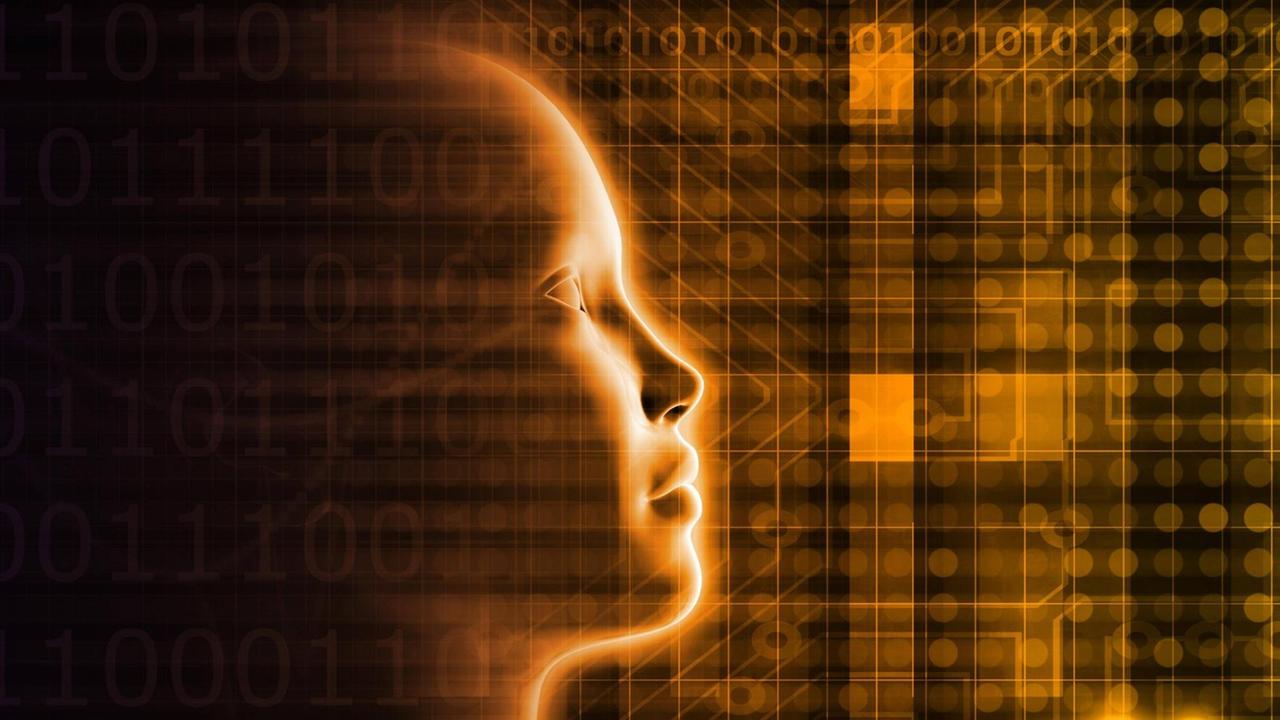 Profil eines künstlichen Menschenkopfs, im Hintergrund ein Geflecht aus Punkten und Verdrahtungen. Profil eines künstlichen Menschenkopfs, im Hintergrund ein Geflecht aus Punkten und Verdrahtungen.