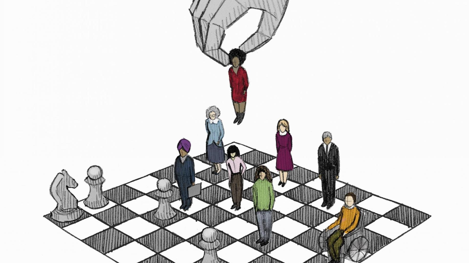 Illustration: Eine Hand bewegt Menschen mit unterschiedlichen Hautfarben auf einem Schachbrett. Illustration: Eine Hand bewegt Menschen mit unterschiedlichen Hautfarben auf einem Schachbrett.
