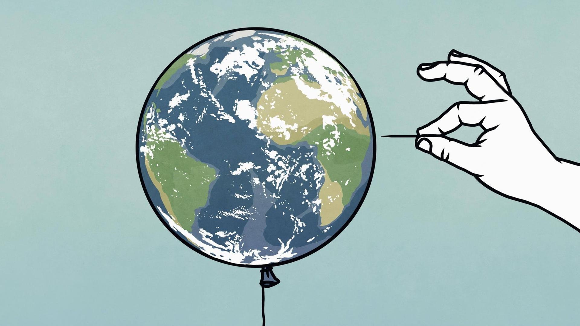 Eine Illustration von einem Globus als Ballon und einer Hand, die sich mit einer Stecknadel nähert. Eine Illustration von einem Globus als Ballon und einer Hand, die sich mit einer Stecknadel nähert.