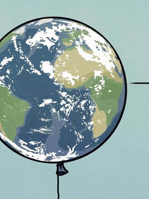 Eine Illustration von einem Globus als Ballon und einer Hand, die sich mit einer Stecknadel nähert.