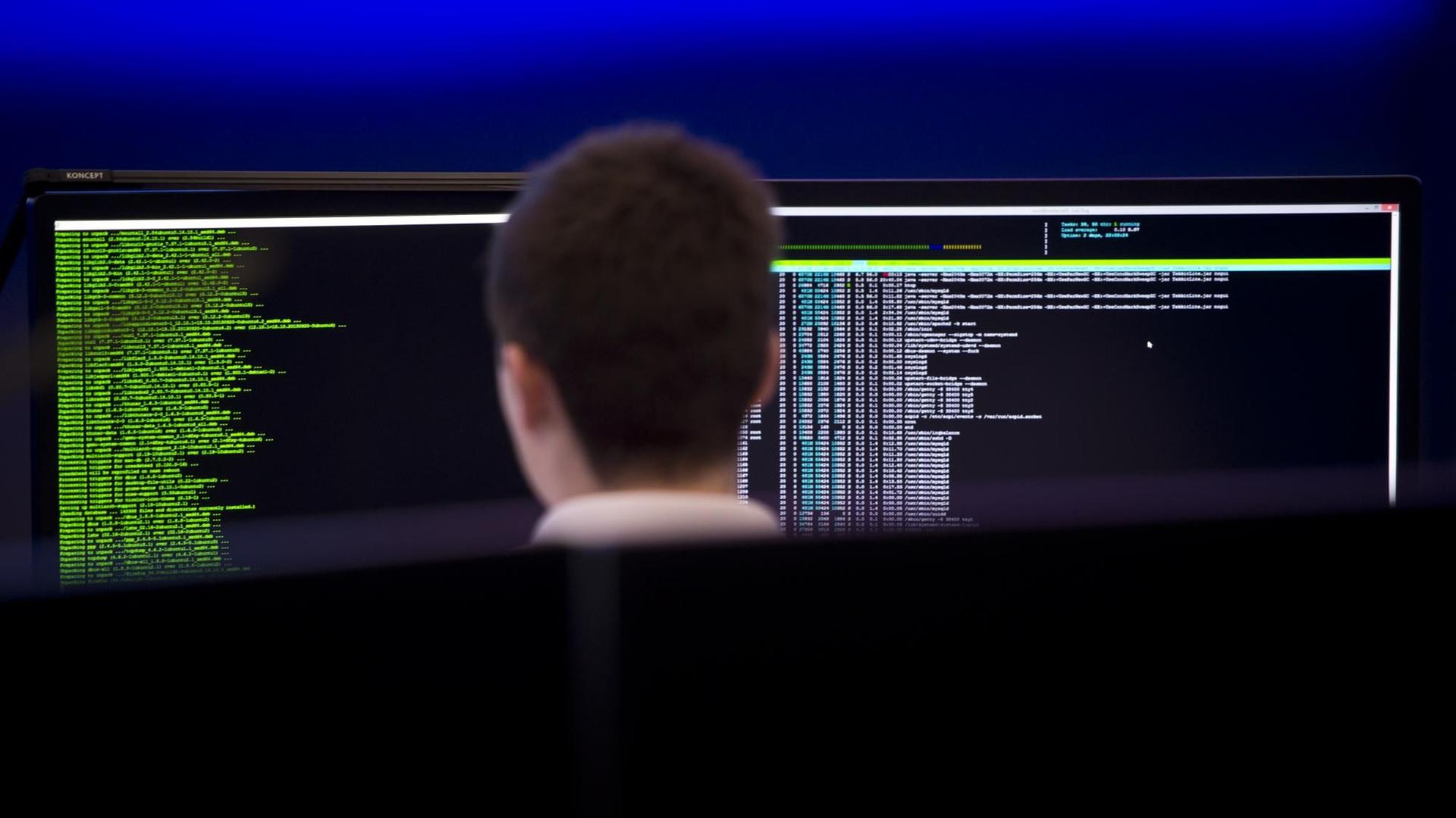 Ein Mitarbeiter arbeitet an einem Computermonitor, auf dem ein Quellcode angezeigt wird. Ein Mitarbeiter arbeitet an einem Computermonitor, auf dem ein Quellcode angezeigt wird.