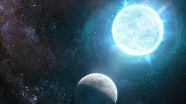 Illustration des kleinen massereichen Weißen Zwergs – der Mond ist als Größenvergleich abgebildet Illustration des kleinen massereichen Weißen Zwergs – der Mond ist als Größenvergleich abgebildet