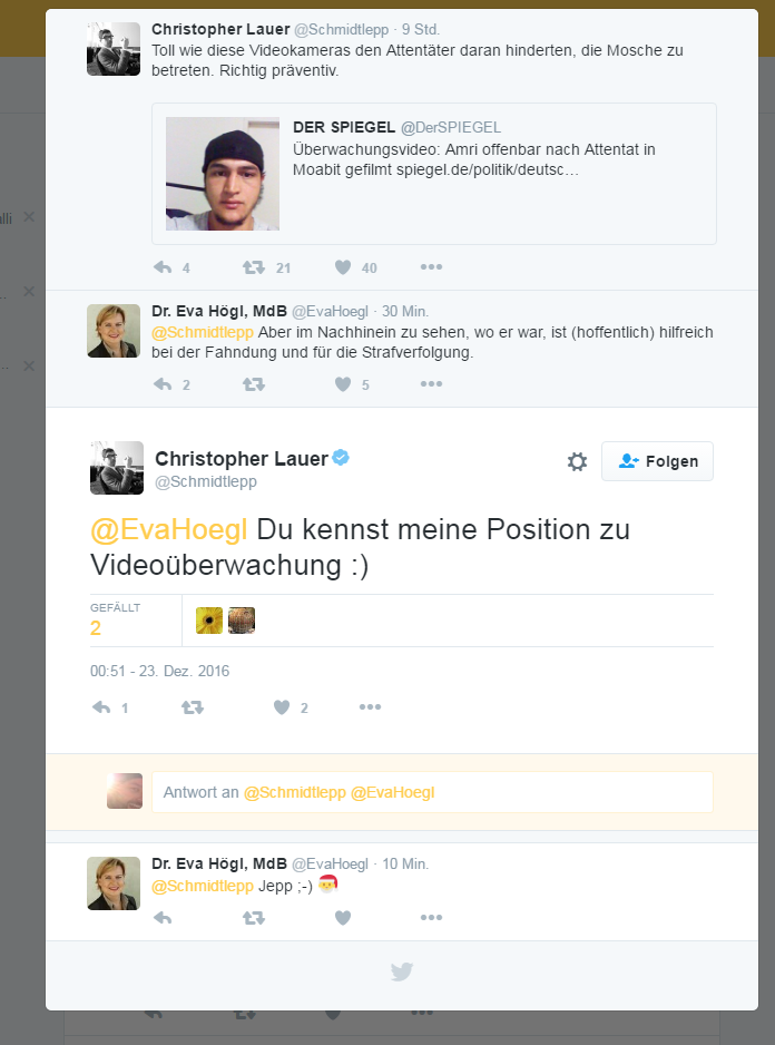 Eva Högl und Christopher Lauer, beide SPD, diskutieren auf Twitter über das Thema Videoüberwachung. Eva Högl und Christopher Lauer, beide SPD, diskutieren auf Twitter über das Thema Videoüberwachung.