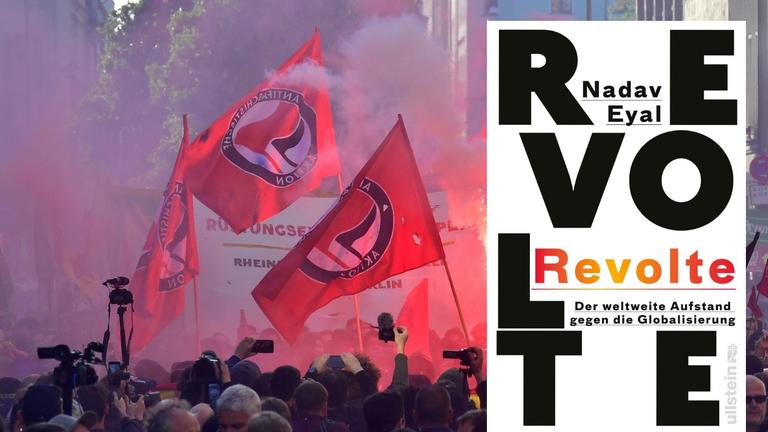 Das Buchcover von Nadav Eyals Buch "Revolte". Im Hintergrund die "Revolutionäre 1. Mai-Demonstration" in Berlin. Das Buchcover von Nadav Eyals Buch "Revolte". Im Hintergrund die "Revolutionäre 1. Mai-Demonstration" in Berlin.