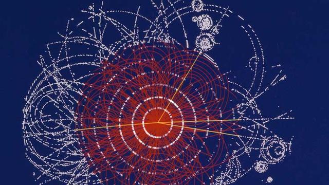 Die Illustration zeigt den Zerfall eines fiktiven Higgs-Boson.