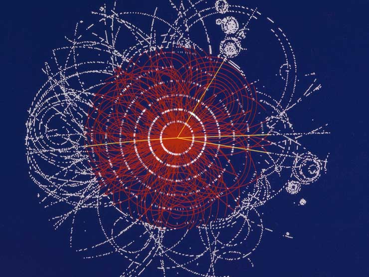Die Illustration zeigt den Zerfall eines fiktiven Higgs-Boson. Die Illustration zeigt den Zerfall eines fiktiven Higgs-Boson.