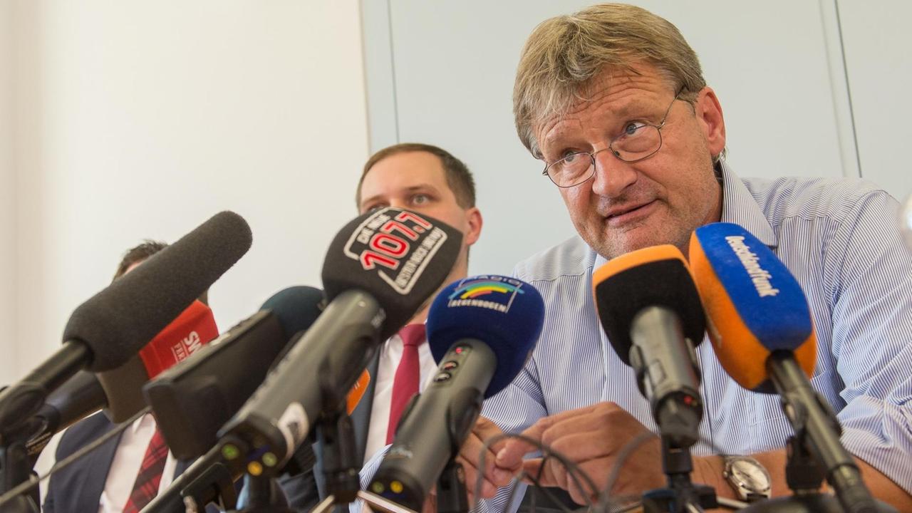 Meuthen sitzt an einem Tisch und spricht in eine Reihe von Mikrofonen. Neben ihm sitzen zwei weitere Männer. Meuthen sitzt an einem Tisch und spricht in eine Reihe von Mikrofonen. Neben ihm sitzen zwei weitere Männer.