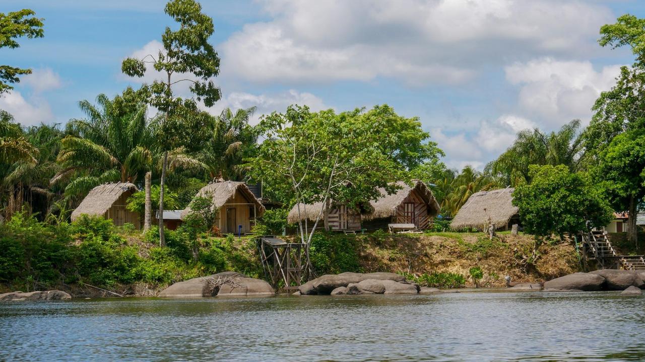 Am Ufer entlang des Suriname-Flusses liegen viele Maroon-Dörfer. Die Menschen sind Nachfahren ehemaliger Sklaven und leben ohne Strom und fließend Wasser. Am Ufer entlang des Suriname-Flusses liegen viele Maroon-Dörfer. Die Menschen sind Nachfahren ehemaliger Sklaven und leben ohne Strom und fließend Wasser.