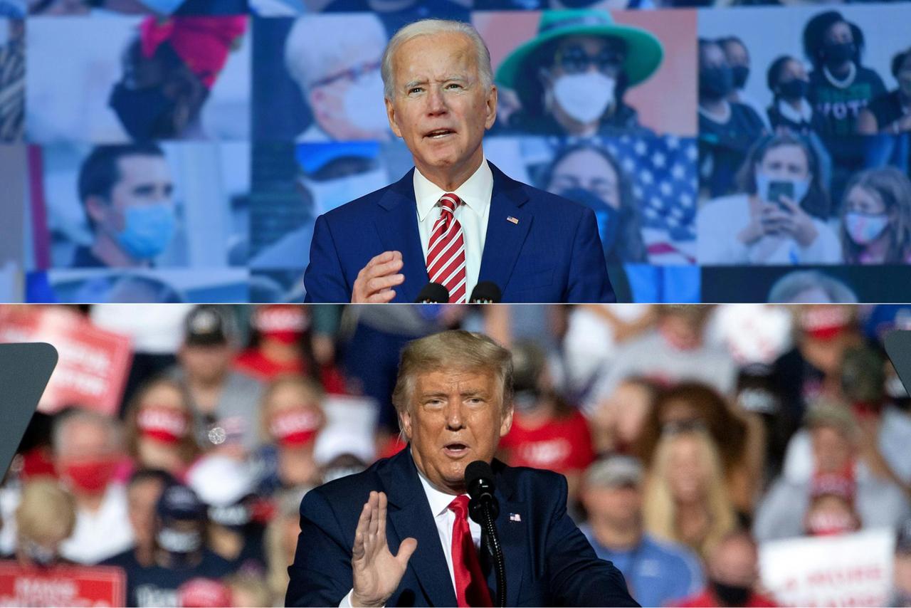 Fotomontage mit Bildern aus Wahlkampfauftritten von Donald Trump und Joe Biden, dern zwei Kandidaten für die Präsidentschaftswahlen in den USA am 3. November 2020 Fotomontage mit Bildern aus Wahlkampfauftritten von Donald Trump und Joe Biden, dern zwei Kandidaten für die Präsidentschaftswahlen in den USA am 3. November 2020