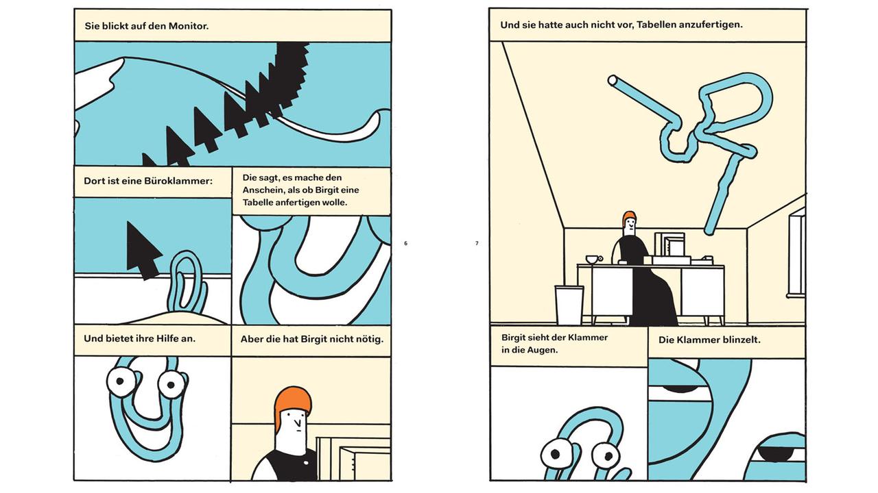 Szene aus dem Comic "Birgit" von Max Baitinger. Darstellung einer Büroszene. Eine Frau und eine Büroklammern sind zu sehen. Szene aus dem Comic "Birgit" von Max Baitinger. Darstellung einer Büroszene. Eine Frau und eine Büroklammern sind zu sehen.