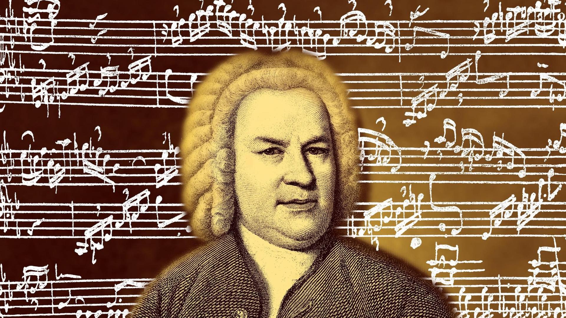 Portrait von Johann Sebastian Bach (1685 - 1750) vor dem Hintergrund einer Klavierfantasie in C-moll