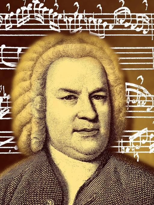 Portrait von Johann Sebastian Bach (1685 - 1750) vor dem Hintergrund einer Klavierfantasie in C-moll